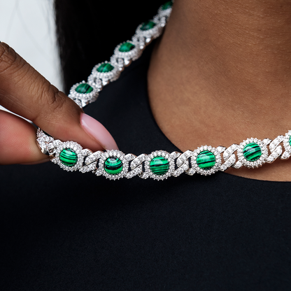 10mm Iced Halo Cuban Necklace with Malachite in White Gold