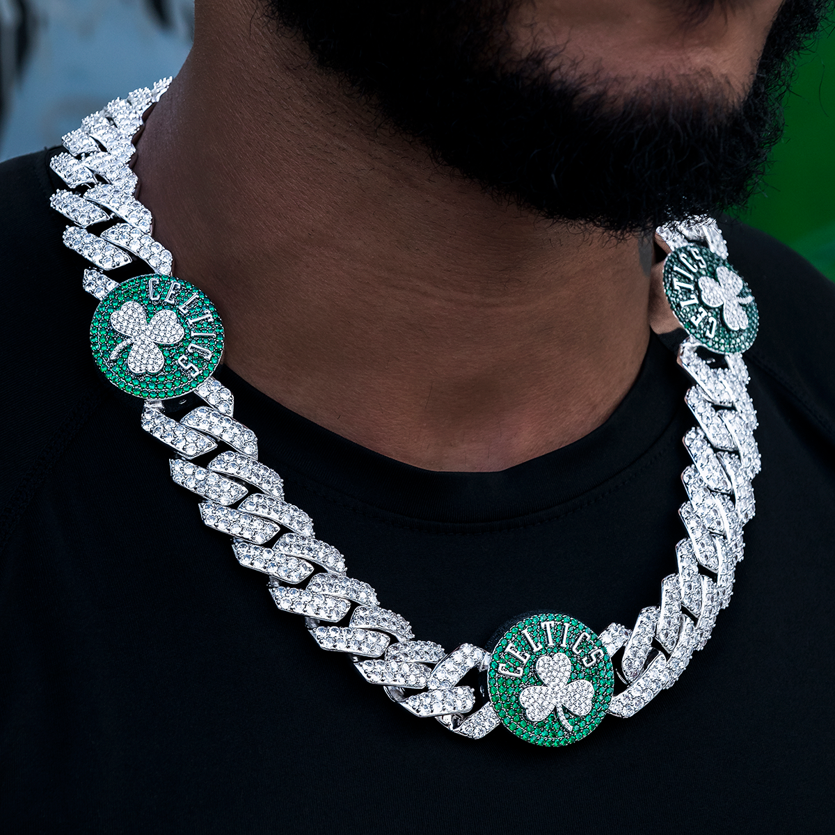 Boston Celtics Official NBA Diamond Prong Cuban Chain in White Gold- 25mm