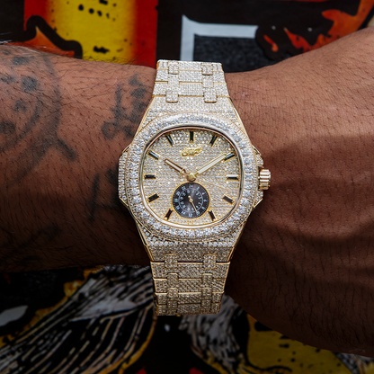 39MM Visionary Fully Iced Case & Steel Band Watch - Yellow Gold
