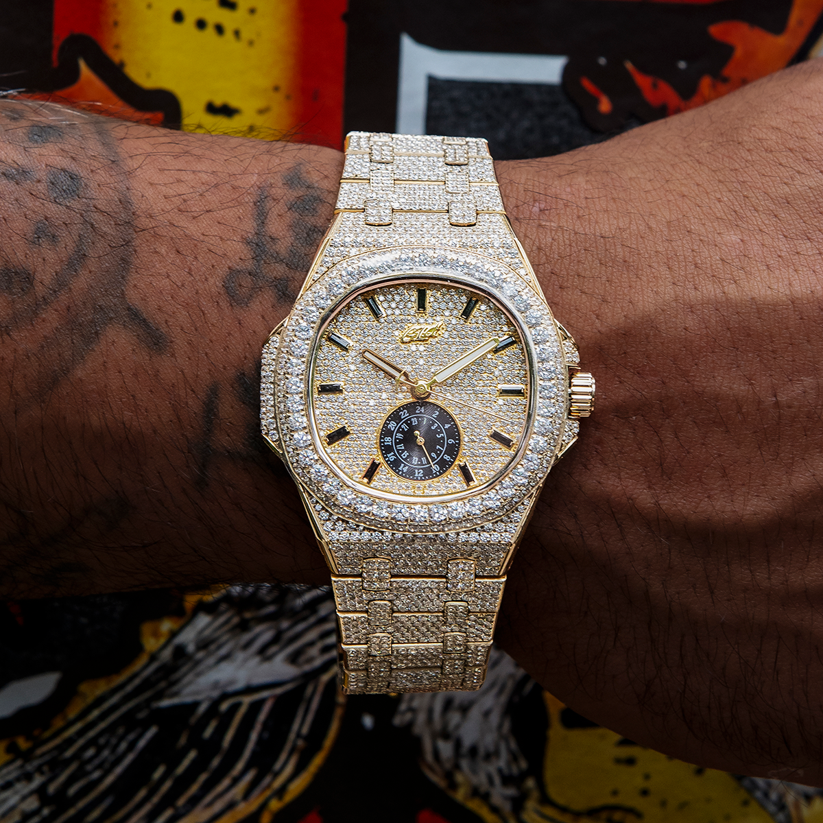 39MM Visionary Moissanite Fully Iced Case & Steel Band Watch - Yellow Gold
