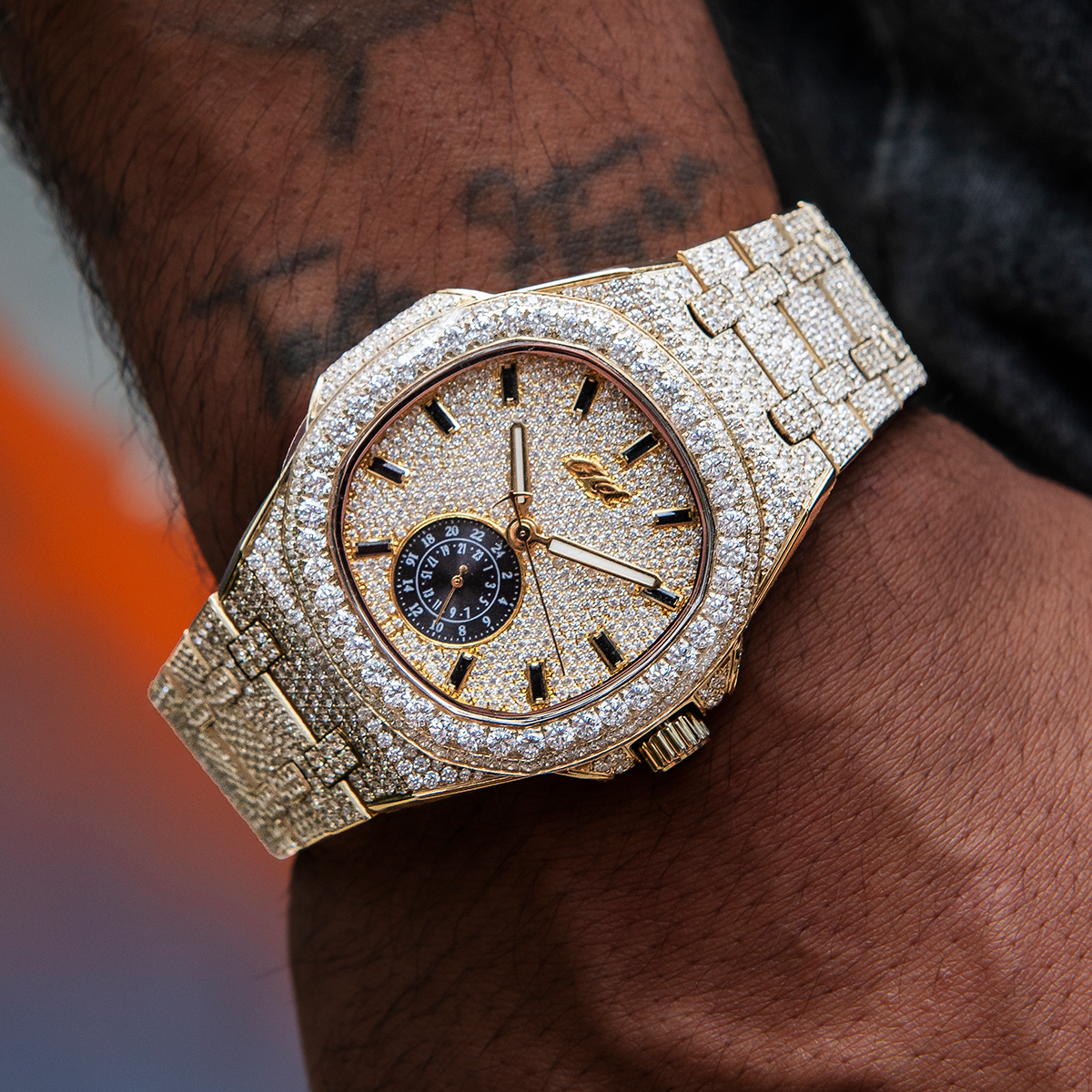 39MM Visionary Moissanite Fully Iced Case & Steel Band Watch - Yellow Gold