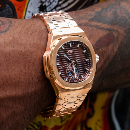 39MM Visionary Plain Case & Chocolate Dial Watch - Rose Gold