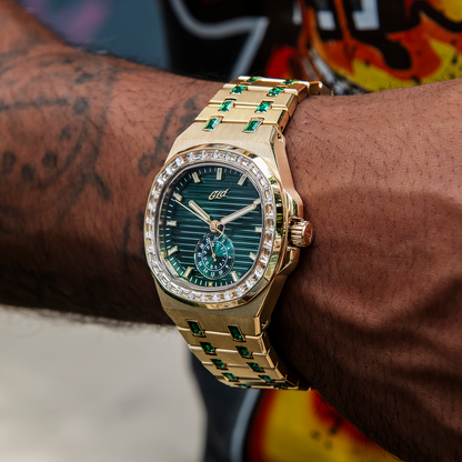 39MM Visionary Moissanite Iced Emerald Stone Band Watch - Yellow Gold