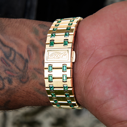 39MM Visionary Moissanite Iced Emerald Stone Band Watch - Yellow Gold