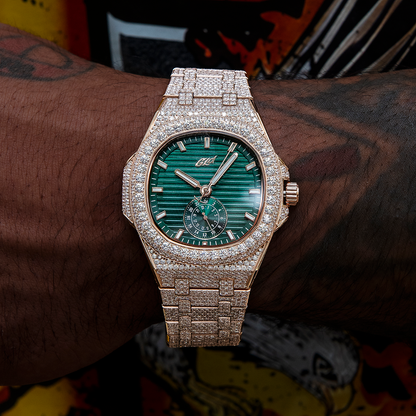 39MM Visionary Fully Iced Case & Green Dial Watch - Rose Gold