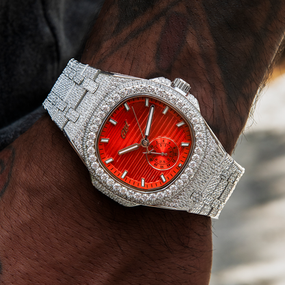 39MM Visionary Fully Iced Case & Orange Dial Watch - White Gold