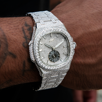 39MM Visionary Fully Iced Case & Steel Band Watch - White Gold