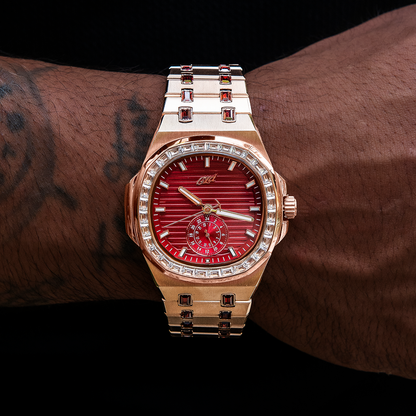 39MM Visionary Iced Ruby Stone Steel Band Watch - Rose Gold