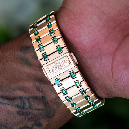 39MM Visionary Iced Emerald Stone Steel Band Watch - Rose Gold