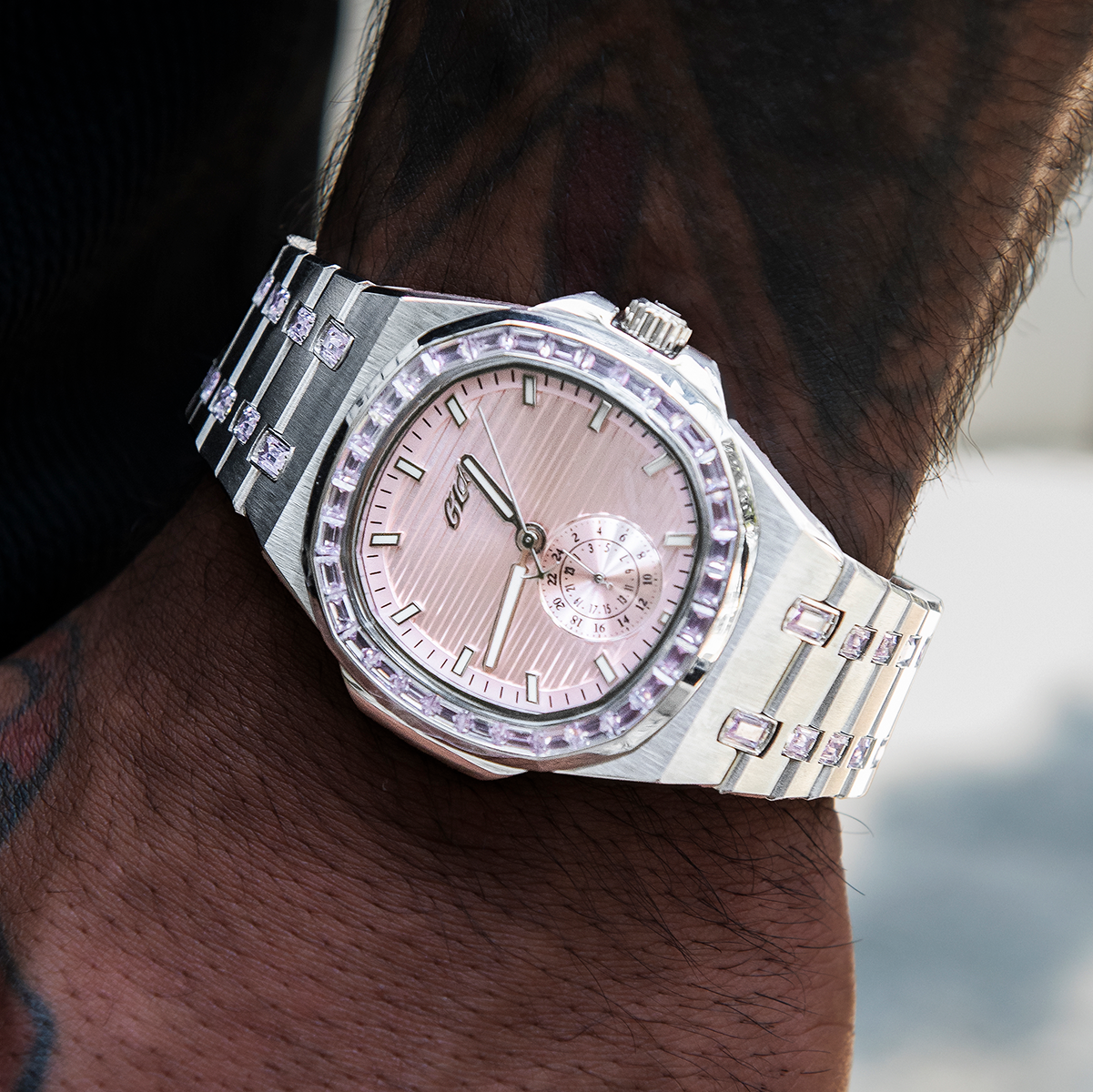 39MM Visionary Moissanite Iced Pink Stone Band Watch - White Gold