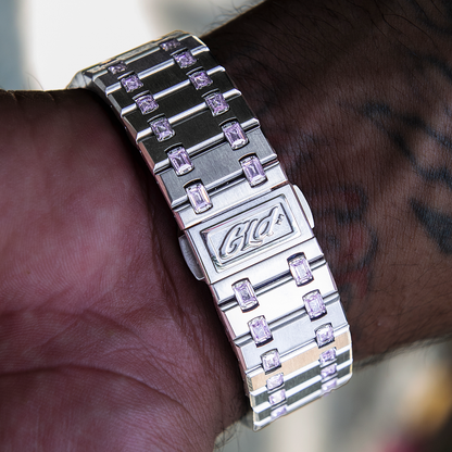 39MM Visionary Moissanite Iced Pink Stone Band Watch - White Gold