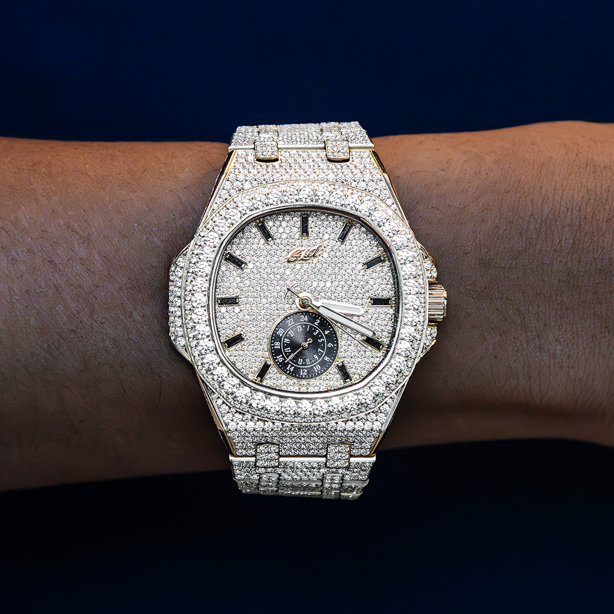 39MM Visionary Fully Iced Case & Steel Band Watch - Yellow Gold