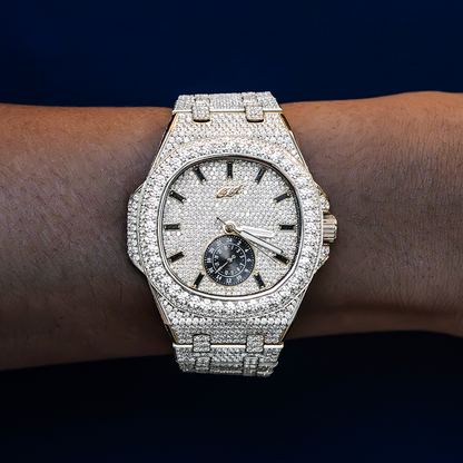 39MM Visionary Fully Iced Case & Steel Band Watch - Yellow Gold