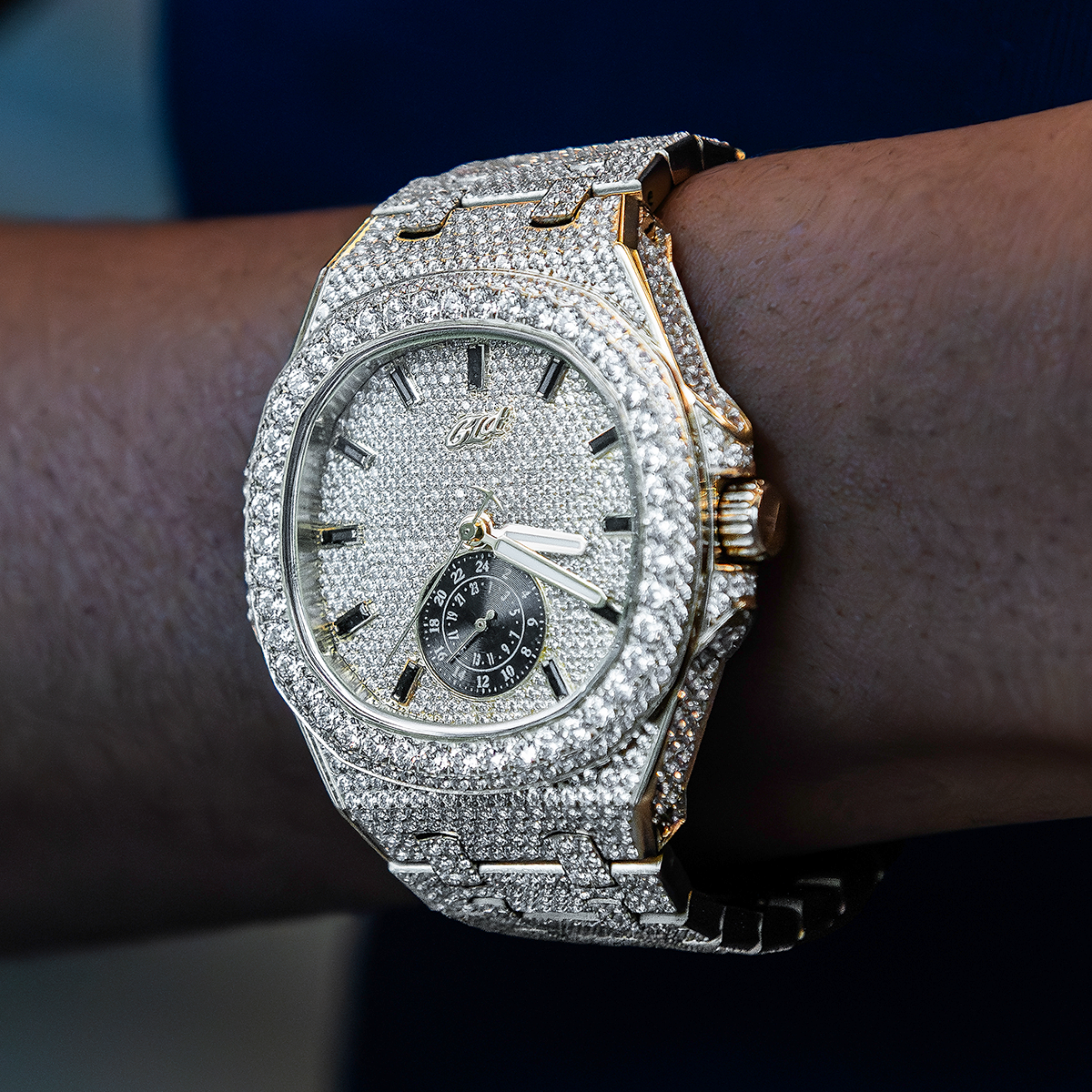 39MM Visionary Fully Iced Case & Steel Band Watch - Yellow Gold