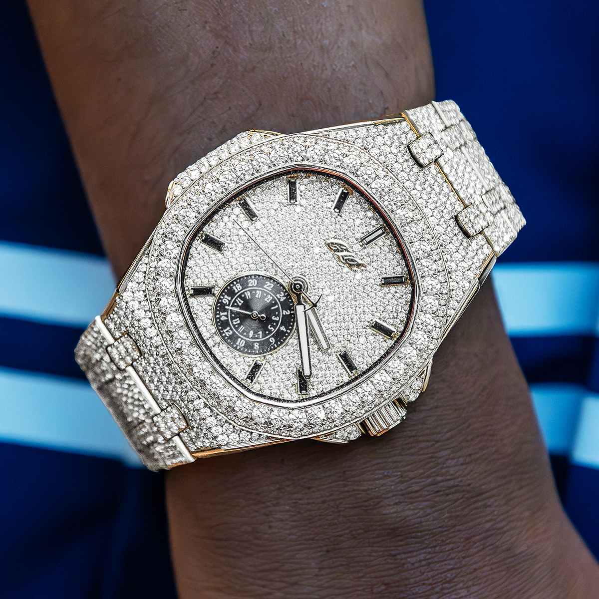 39MM Visionary Moissanite Fully Iced Case & Steel Band Watch - Yellow Gold