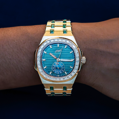 39MM Visionary Iced Emerald Stone Band Watch - Yellow Gold