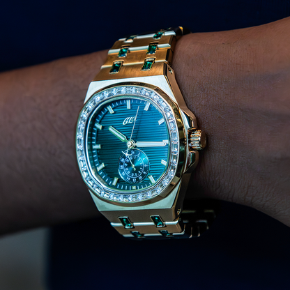 39MM Visionary Moissanite Iced Emerald Stone Band Watch - Yellow Gold