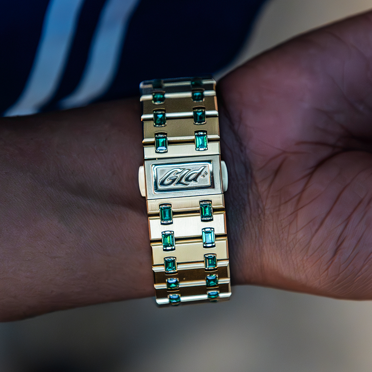 39MM Visionary Iced Emerald Stone Band Watch - Yellow Gold