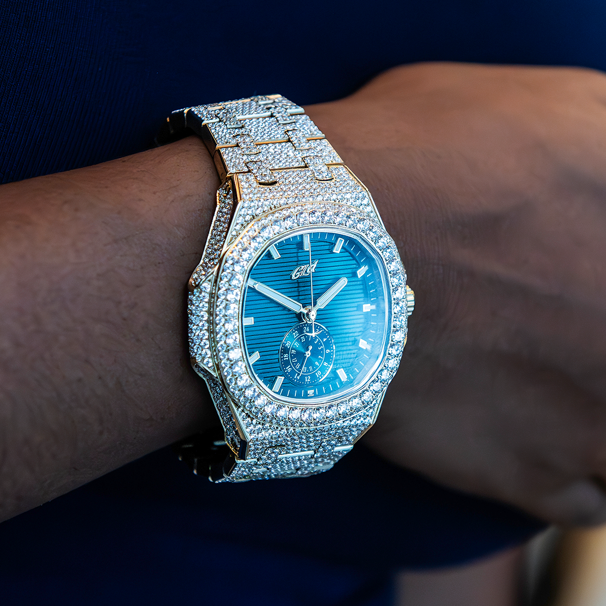 39MM Visionary Fully Iced Case & Green Dial Watch - Rose Gold