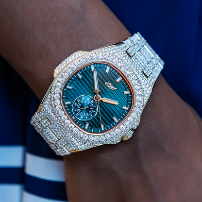 39MM Visionary Fully Iced Case & Green Dial Watch - Rose Gold
