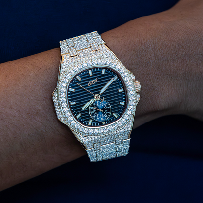 39MM Visionary Fully Iced Case & Black Dial Watch - Yellow Gold