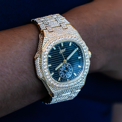 39MM Visionary Fully Iced Case & Black Dial Watch - Yellow Gold