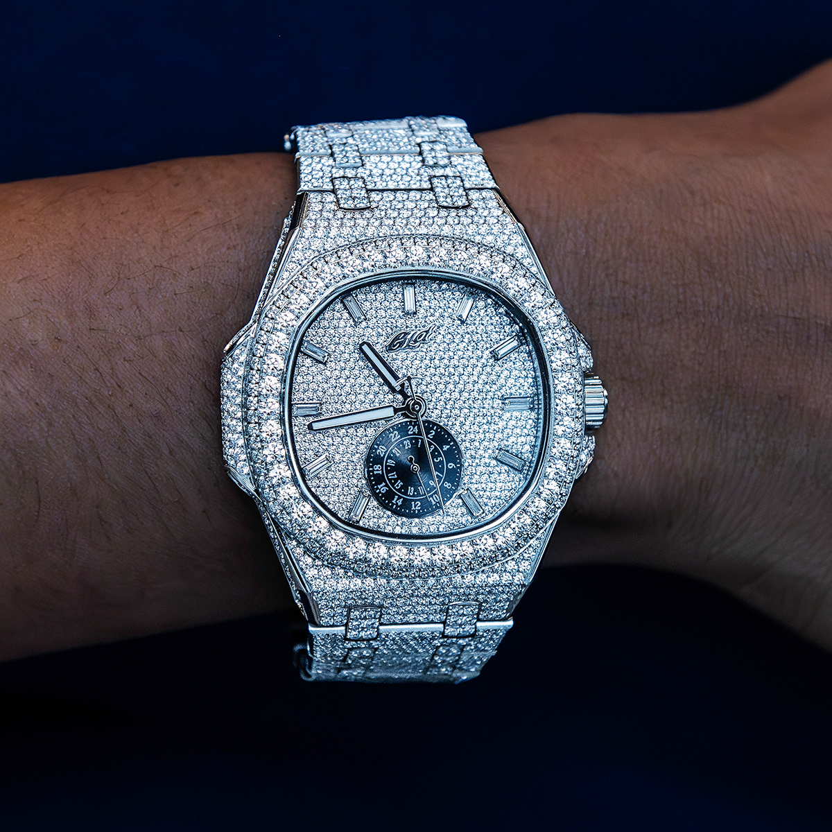 39MM Visionary Fully Iced Case & Steel Band Watch - White Gold
