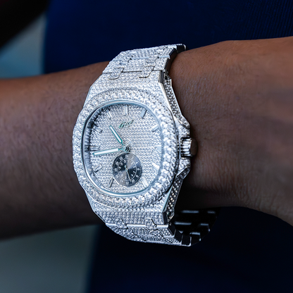 39MM Visionary Fully Iced Case & Steel Band Watch - White Gold