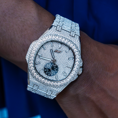 39MM Visionary Fully Iced Case & Steel Band Watch - White Gold