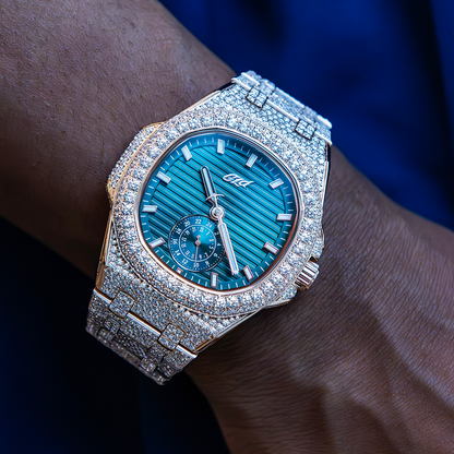 39MM Visionary Fully Iced Case & Green Dial Watch - Yellow Gold