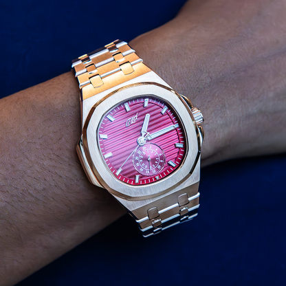 39MM Visionary Plain Case & Red Dial Watch - Rose Gold