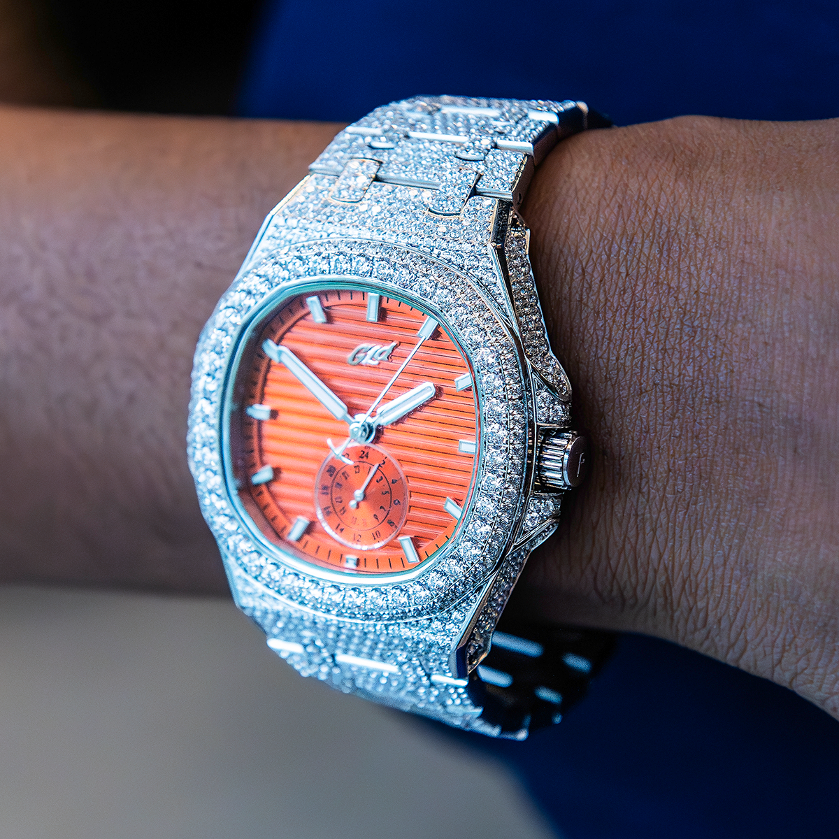39MM Visionary Fully Iced Case & Orange Dial Watch - White Gold