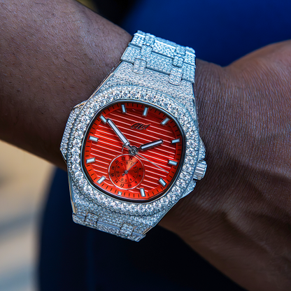 39MM Visionary Fully Iced Case & Orange Dial Watch - White Gold