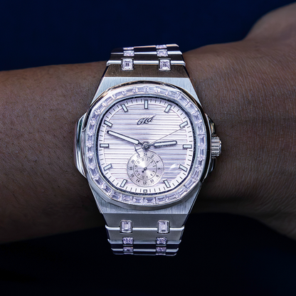 39MM Visionary Iced Pink Stone Band Watch - White Gold