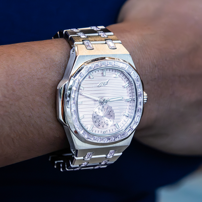 39MM Visionary Moissanite Iced Pink Stone Band Watch - White Gold