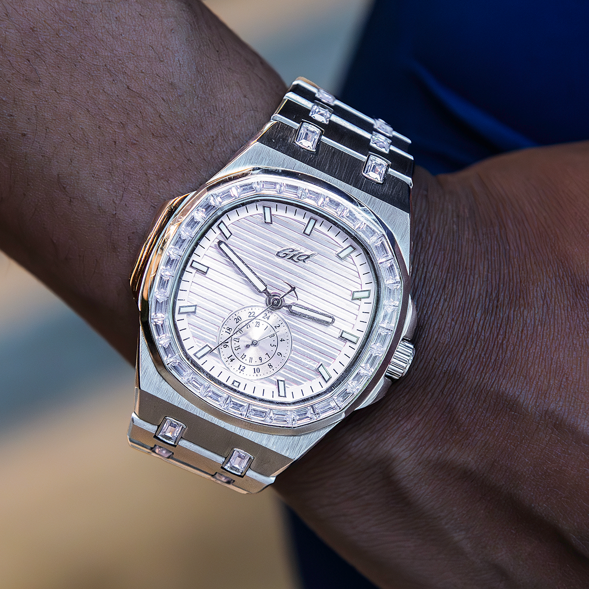 39MM Visionary Iced Pink Stone Band Watch - White Gold