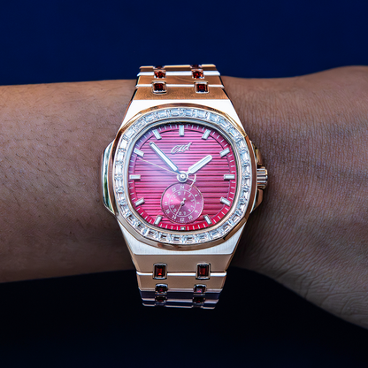 39MM Visionary Iced Ruby Stone Steel Band Watch - Rose Gold