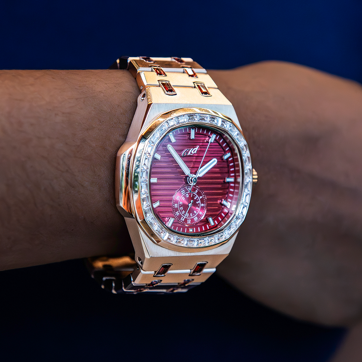 39MM Visionary Iced Ruby Stone Steel Band Watch - Rose Gold