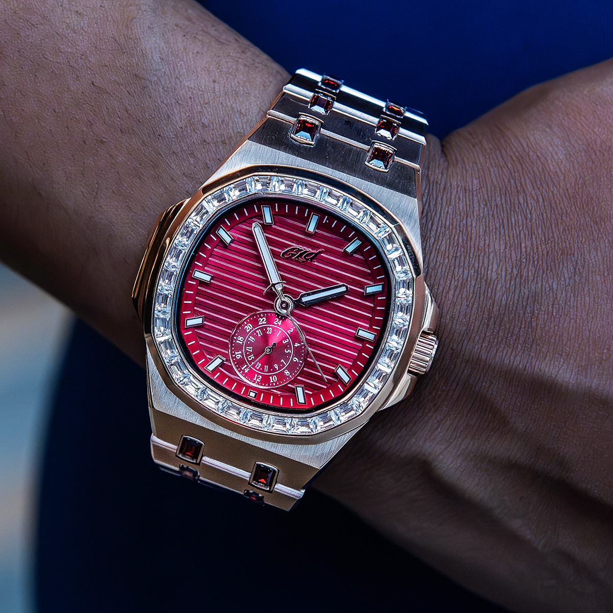 39MM Visionary Iced Ruby Stone Steel Band Watch - Rose Gold