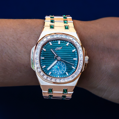 39MM Visionary Iced Emerald Stone Steel Band Watch - Rose Gold