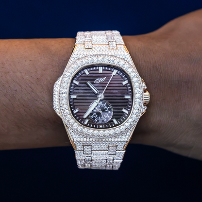 39MM Visionary Fully Iced Case & Chocolate Dial Watch - Rose Gold