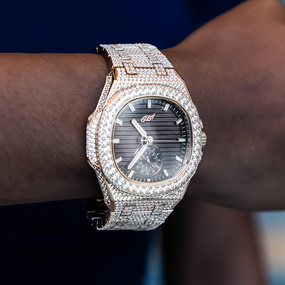39MM Visionary Fully Iced Case & Chocolate Dial Watch - Rose Gold