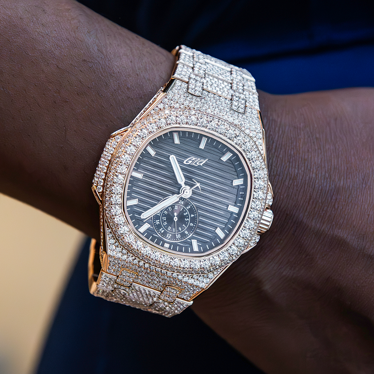 39MM Visionary Fully Iced Case & Chocolate Dial Watch - Rose Gold