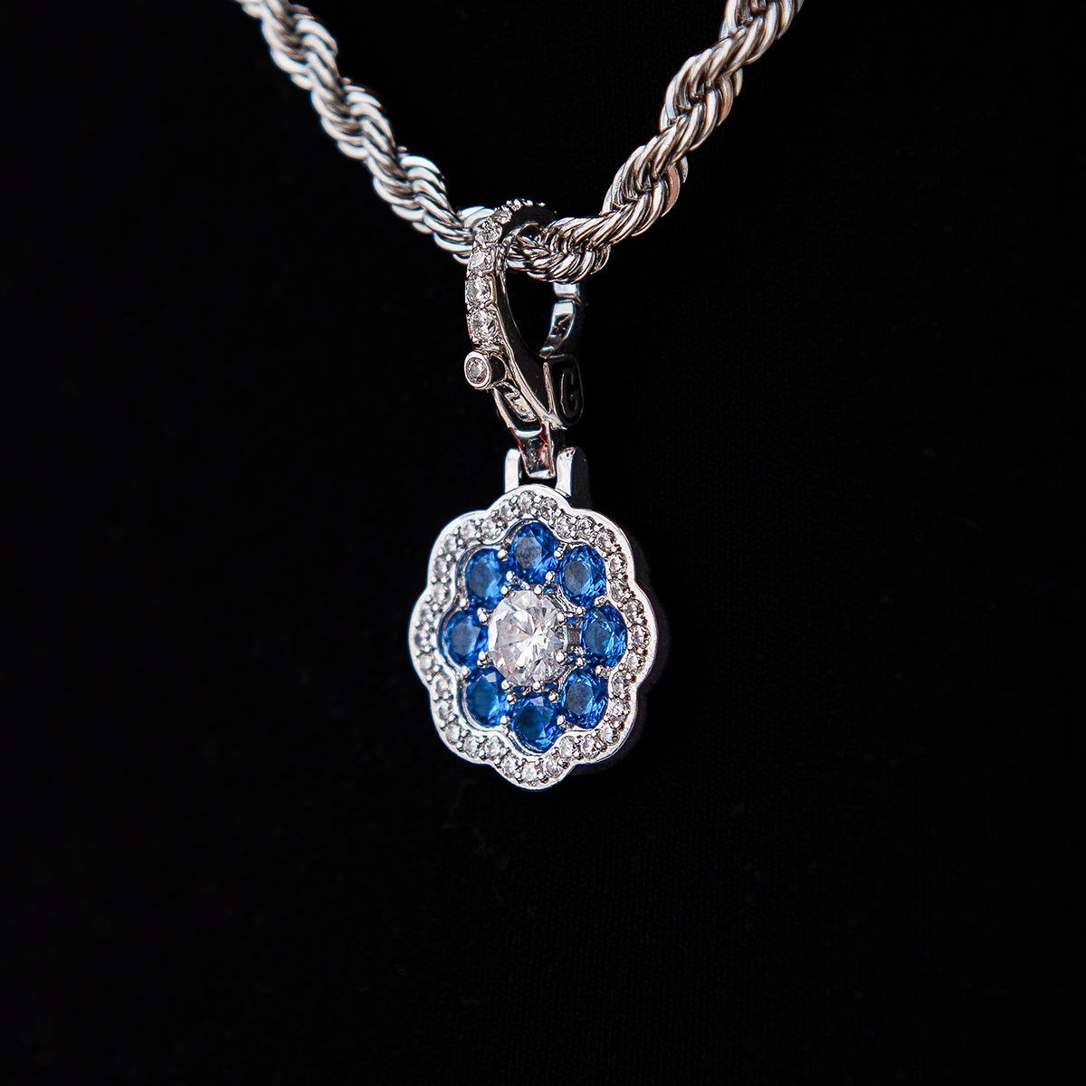 Blue Flower Clip On Pendant - White Gold