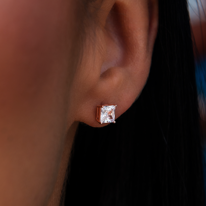 5MM Square Cut Diamond Stud Earrings - Rose Gold
