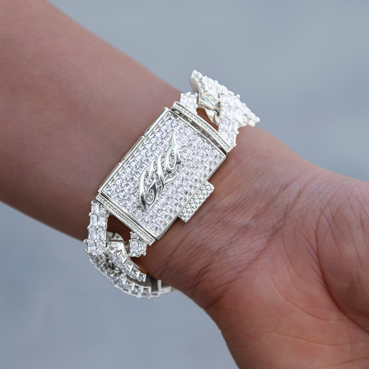 19MM Prong Baguette Cuban Bracelet in White Gold