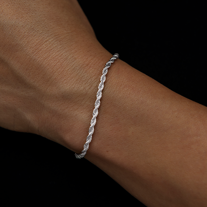 2mm Rope Necklace + Bracelet + 5mm Round Cut Stud Earring Bundle in White Gold