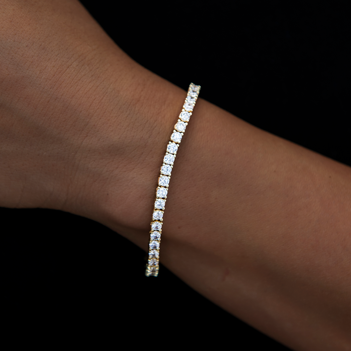 3mm Diamond Tennis Necklace + Bracelet + 5mm Round Cut Stud Earring Bundle in Yellow Gold