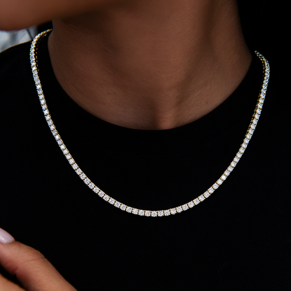 3mm Diamond Tennis Necklace + Bracelet + 5mm Round Cut Stud Earring Bundle in Yellow Gold