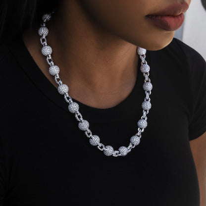 12MM Iced Ball Necklace in White Gold